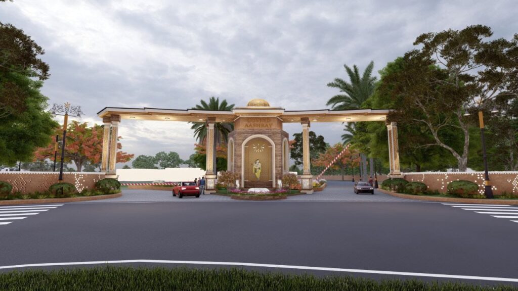 Grand entrance gate and serene temple at Govind Aashray Township in Mahapura, Jaipur