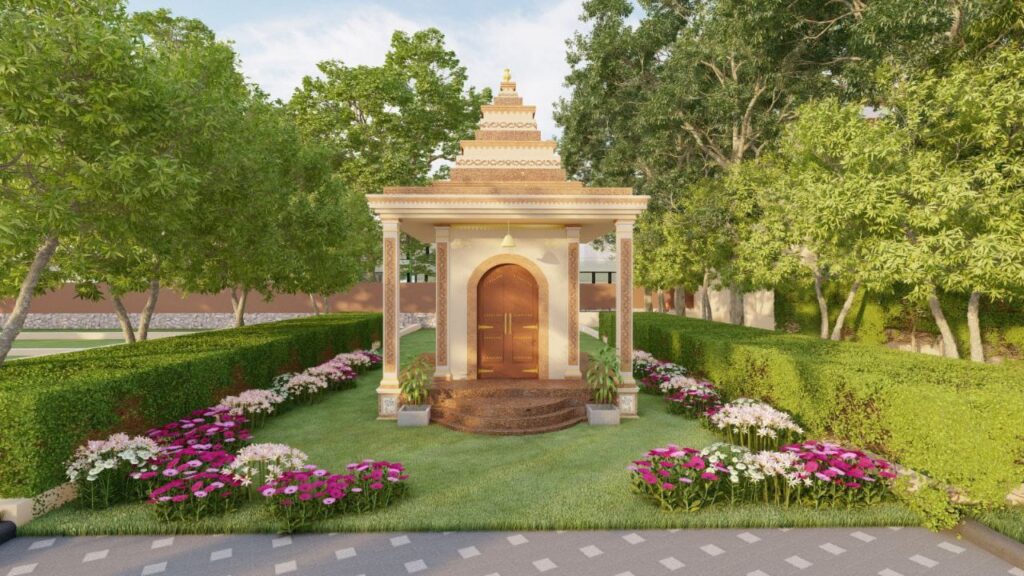 Grand entrance gate and serene temple at Govind Aashray Township in Mahapura, Jaipur