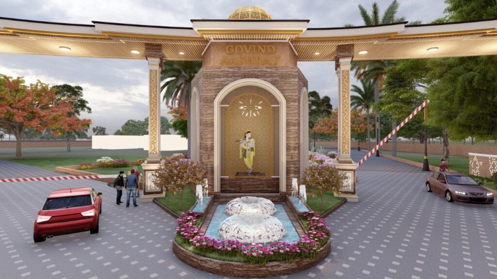 Grand entrance gate and serene temple at Govind Aashray Township in Mahapura, Jaipur