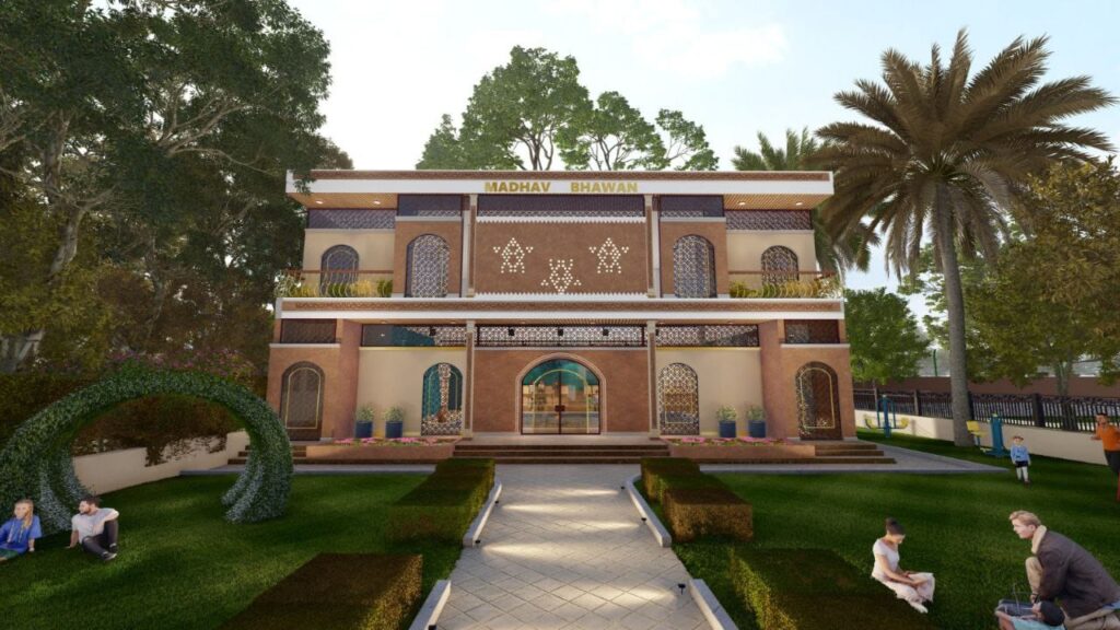 Grand entrance gate and serene temple at Govind Aashray Township in Mahapura, Jaipur